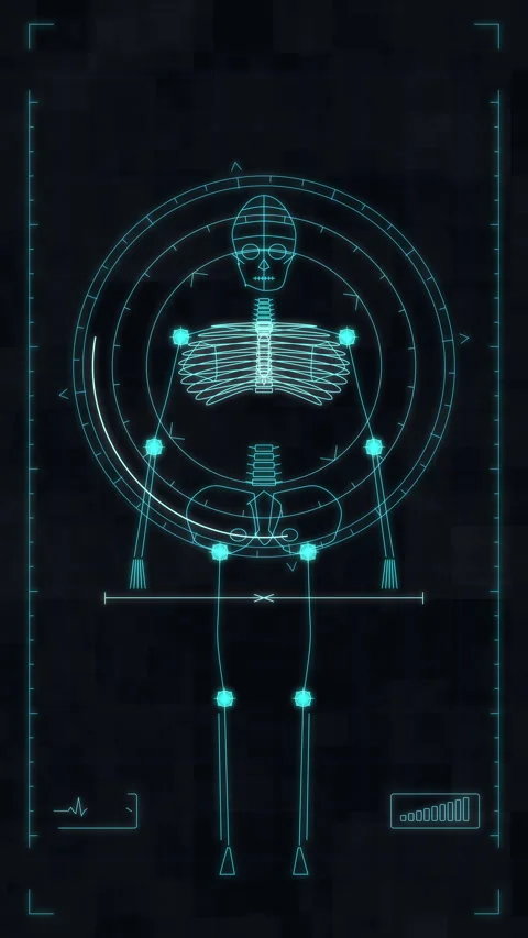 Futuristic digital human body scan hud display overlay with cybernetic skeleton Stock Footage 346738017