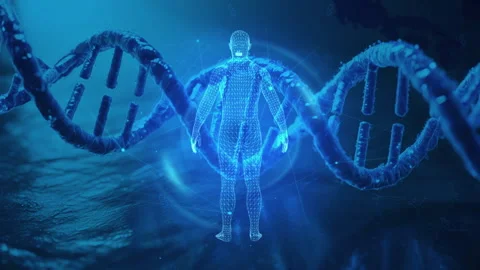 Futuristic Digital Human with DNA Strands on Blue Abstract Background Stock Footage 339051435