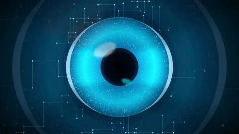 Futuristic Digital Human Eye Scanning Interface with Blue Holographic Data and Stock Footage 343170337