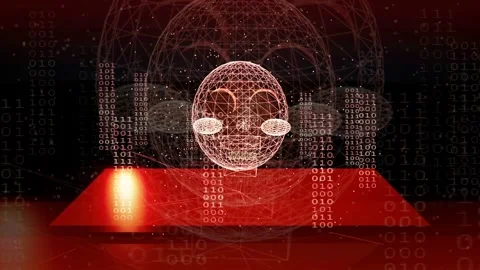 Futuristic Digital Human Head Wireframe with Binary Code Data Stream in Red Видео 341834283