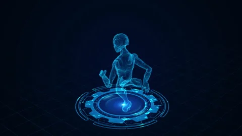Futuristic Digital Human Hologram Concept Against Grid Background Display Vidéo 339058039