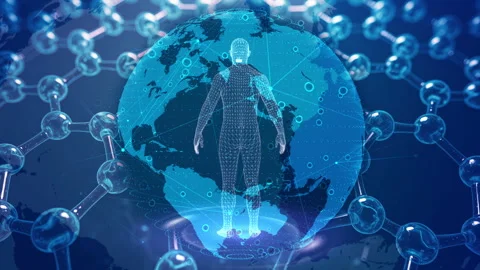 Futuristic Digital Human Hologram Surrounded by Network Elements and Gears Stock Footage 339051493