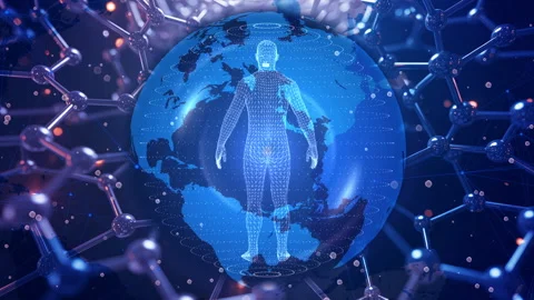 Futuristic Digital Human in a Networked Globe Surrounded by Molecular Structu Stock Footage 339051497