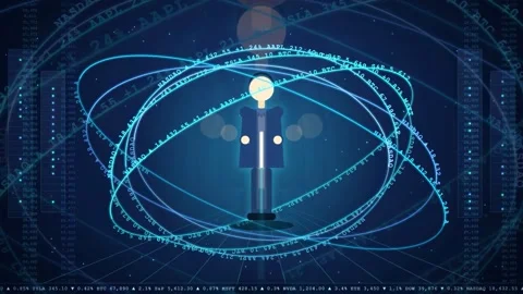 Futuristic Digital Human Silhouette with Rotating Data Rings and Holographic Stock Footage 343442963