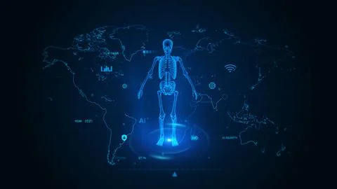 Futuristic Digital Human Skeleton Overlay on World Map with Technology Symbol Stockillustratie