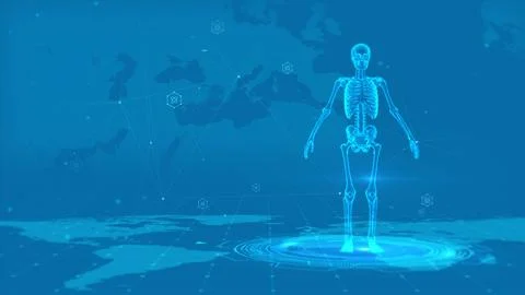 Futuristic Digital Human Skeleton on World Map with Technological Elements Stockillustratie
