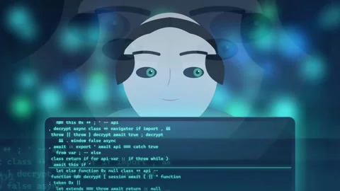 Futuristic Digital Humanoid Interface with Scrolling Computer Code and Stock Footage 341834468