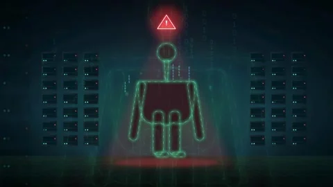 Futuristic Digital Humanoid Robot Silhouette with Red Warning Alert in Stock Footage 343171802