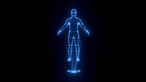 Futuristic Digital Humanoid Scan Motion Graphic with Glowing Neon Lines. 4K Stock Footage 332906364