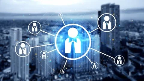 A futuristic digital illustration of a connected network of professional pe.. Stock Photos