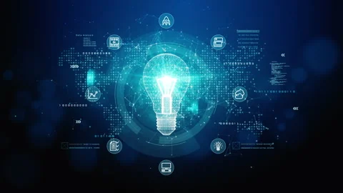 Futuristic digital innovation concept with glowing lightbulb and tech icons.. Vidéo 337862144
