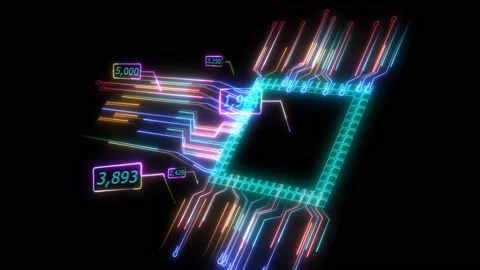 Futuristic digital intelligent twisted light photon high speed chip and score Stock Footage 143527561