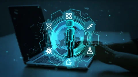Futuristic Digital Interaction with Technology and Science Hologram Over Lapt Stock Footage 339131269