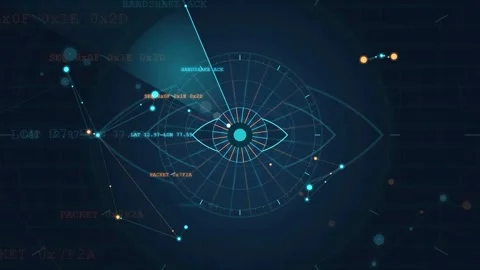 Futuristic Digital Interface with Abstract Eye Symbol and Data Processing HUD Видео 343155307