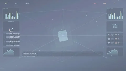 Futuristic Digital Interface with Animated Data Charts and Rotating 3D Stock Footage 340026715