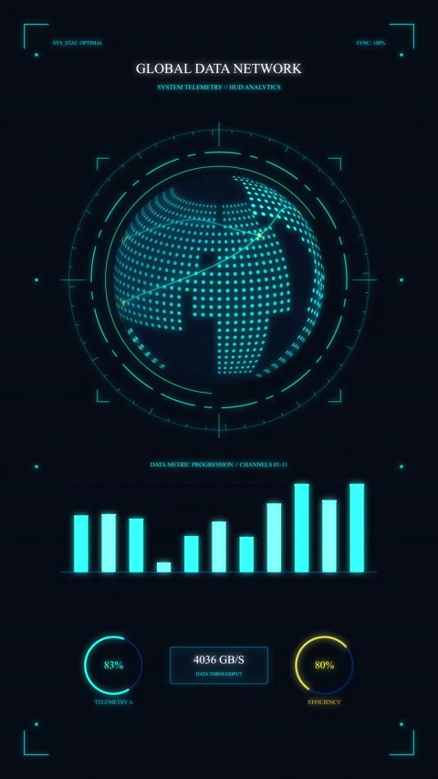 Futuristic digital interface animation with global data analytics hud screen Stock Footage 347567642