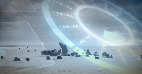 Futuristic digital interface animation over rocky landscape with geometric Stock Footage 329926985