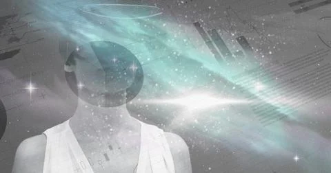 Futuristic digital interface blending with human silhouette and cosmic elements 库存插图