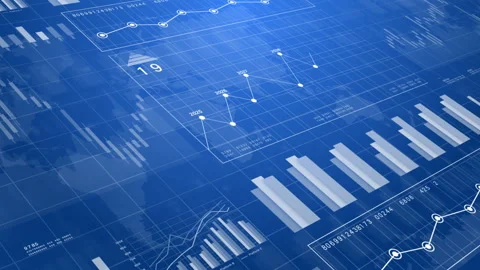 Futuristic digital interface of business data, charts, and graphs on blue Stock-Footage 337862385