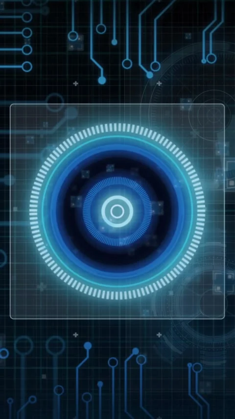 Futuristic digital interface with circuit board and rotating blue circle Stock Footage 342015722