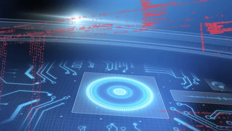 Futuristic digital interface with circuit patterns and red coding text animation Stock Footage 303675924