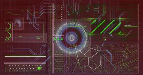 Futuristic digital interface with circuit patterns and data processing images Foto stock