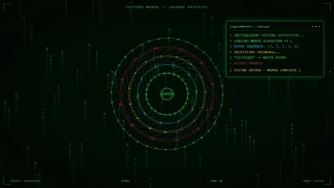 Futuristic Digital Interface with Circular Data Visualization and Scrolling Stock Footage 345766154