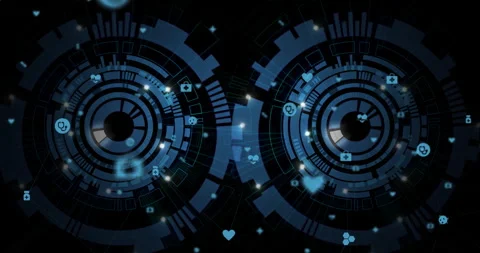 Futuristic digital interface with circular patterns and technology icons Stock Footage 303528433