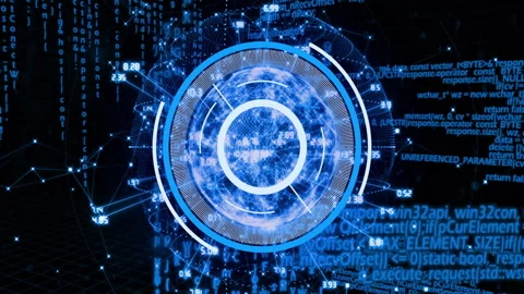 Futuristic digital interface with circular patterns and binary code animation 스톡 동영상 304643980