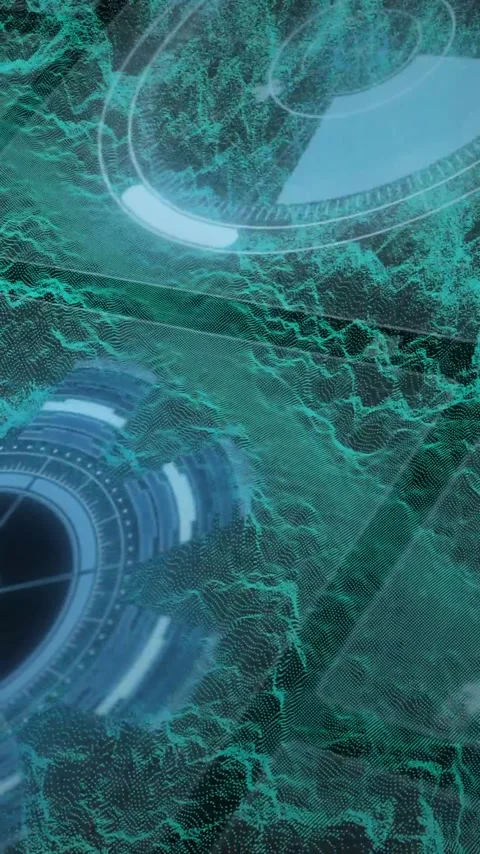 Futuristic digital interface with circular patterns and green wave animations Stock Footage 319618131
