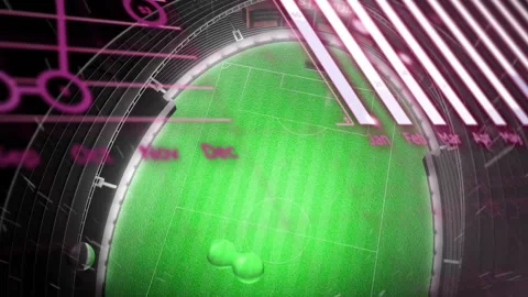 Futuristic digital interface with coding animation over soccer field graphic Video stock 304010699