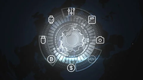 Futuristic Digital Interface with Currency and Technology Icons on Blue Cir.. 库存影片 339113814