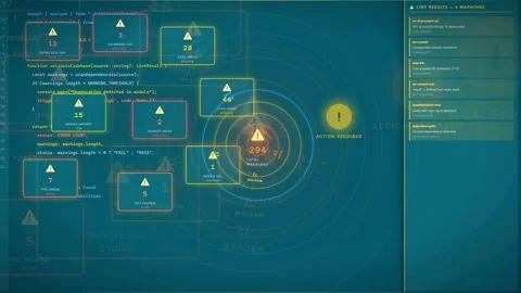 Futuristic Digital Interface with Data Analysis and System Warning Alerts on Stock Footage 340218205