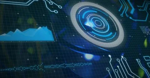 Futuristic digital interface with data charts and glowing circuit patterns Стоковые фото