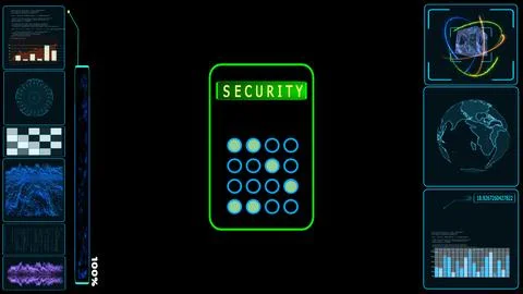 Futuristic digital interface with data visualizations and a central securit.. Stock Photos