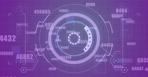Futuristic digital interface displaying data and numbers on purple background 库存照片