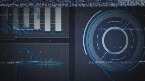 Futuristic digital interface displaying glitch lines and circuitry with bar Stock Footage 307456677