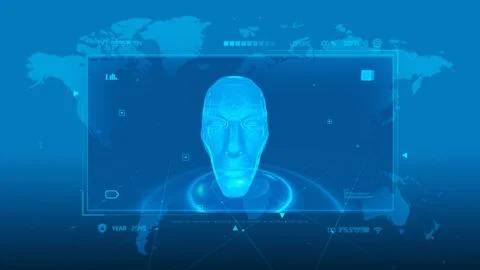 Futuristic Digital Interface Displaying a Human-like AI Face Stock Illustration