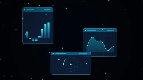 Futuristic digital interface displays bar charts line graphs and circular d.. Stock Footage 345603682