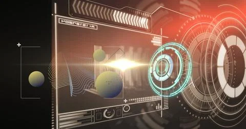 Futuristic digital interface elements glowing in virtual workspace, with grid Stock Illustration