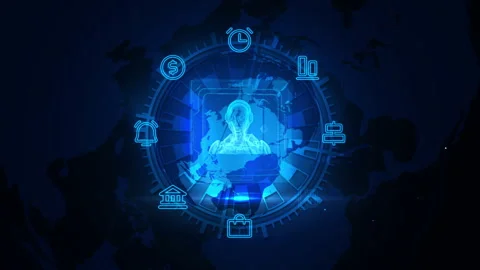 Futuristic Digital Interface Featuring Human Hologram and Financial Icons i.. 库存影片 339113294