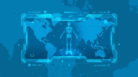 Futuristic Digital Interface Featuring X-ray Skeleton With World Map Backgrou Stockillustratie
