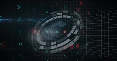 Futuristic digital interface with fingerprint scanning and floating code Stock-Fotos