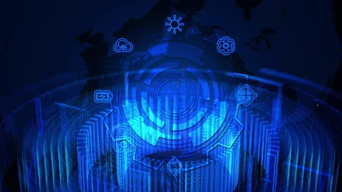 Futuristic Digital Interface with Gear Shape Overlays in Blue Tech Environmen 库存影片 339264399