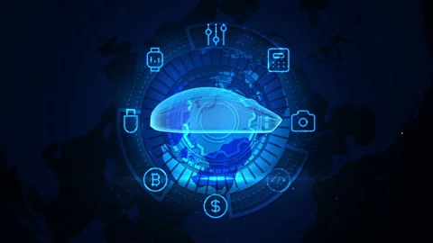 Futuristic Digital Interface with Global Technology Symbols and Blue Hue 库存影片 339113358