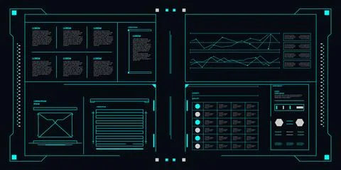 Futuristic digital interface with glowing blue lines and data displays, com.. Stock-Illustration
