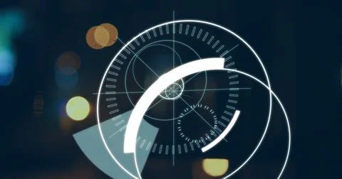 Futuristic digital interface with glowing circles and lines on dark background Illustrazione stock