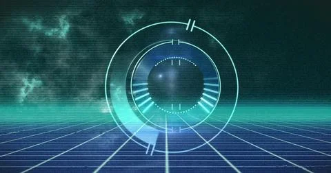Futuristic digital interface with glowing circular elements on grid background Stock Photos