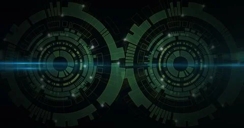 Futuristic digital interface with glowing circular patterns and blue light beam Stock Photos