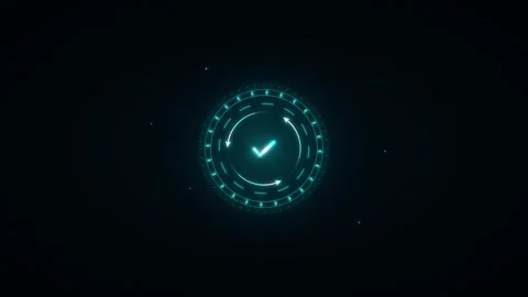 Futuristic digital interface with glowing cyan checkmark and circular arrow.. 動画素材 335826505